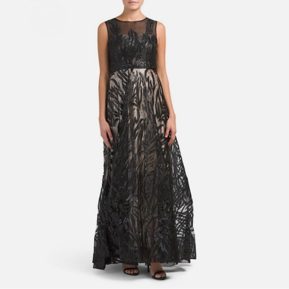 Avantlook Mesh Sequin Floral Overlay Placement Gown